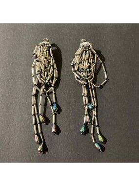 Vintage Iridescent Silver And Blue Beaded Statement Earrings